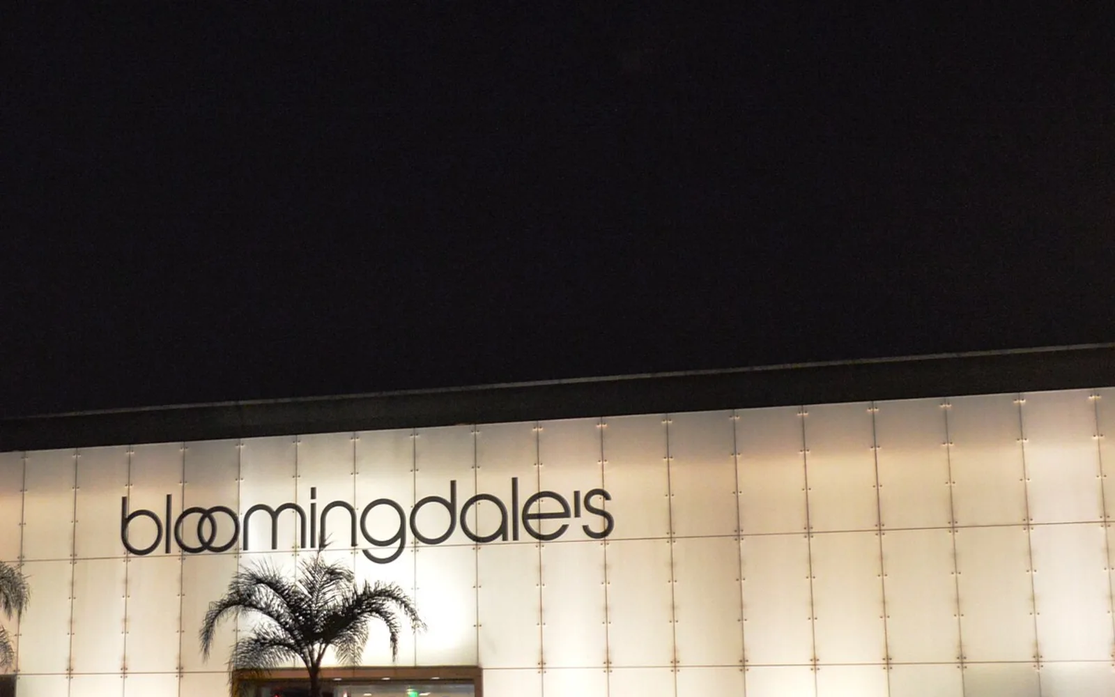 Bloomingdale’s exterior at South Coast Plaza in Costa Mesa at night.